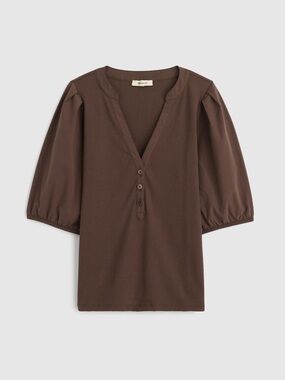 MADEWELL Brown Ribbed Button Front Puff-Sleeve Henley Tee or Top Sz XS